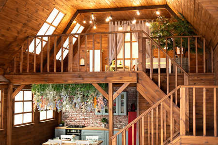 Interior of a modern rustic wooden house with fire escape.の写真素材