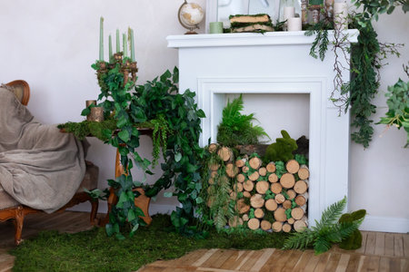 Decorated living room with a fireplace, plants and wooden furnitureの写真素材