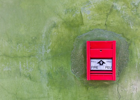 Red Fire alarm on green wallの写真素材