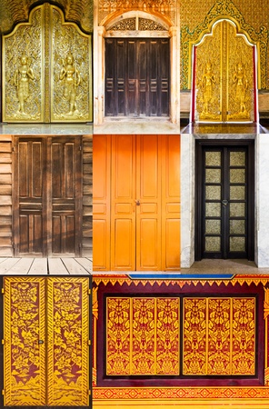 Collage of thai styled doors from temples in Thailandの写真素材