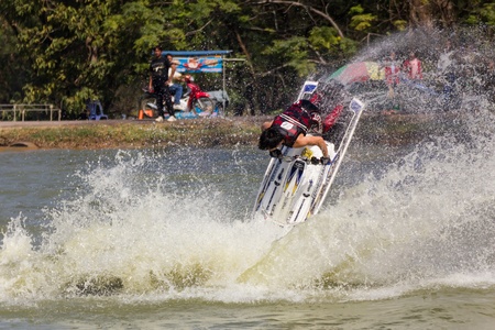 SARABURI THAILAND-JANUARY 20: Sonswut Rappasubpisan in action during show Freestyle the Jet ski  stunt action  on Jan 20, 2013 in SARABURI,Thailand.のeditorial素材