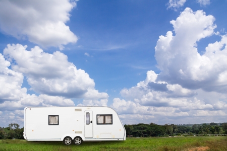 Caravans camping in the park with blue skyの写真素材