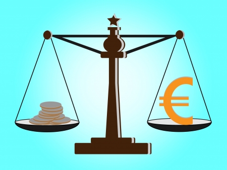 Vintage scales with euro sign and coins on balance scaleのイラスト素材