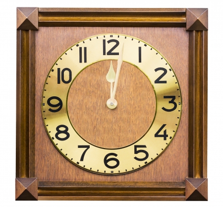 Old antique wall clock is handmade woodcraft on white