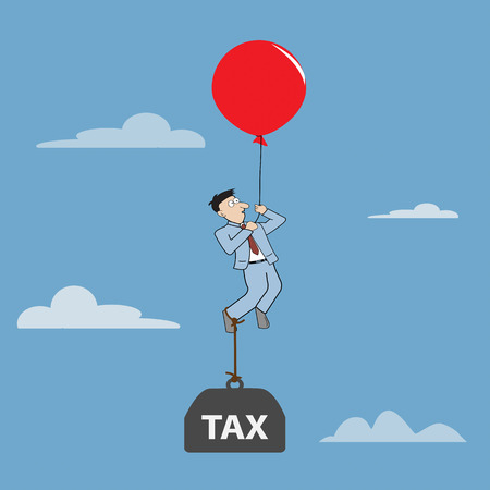 Cartoon Businessman flying away by using red balloon with burden tax. Vector illustrationのイラスト素材