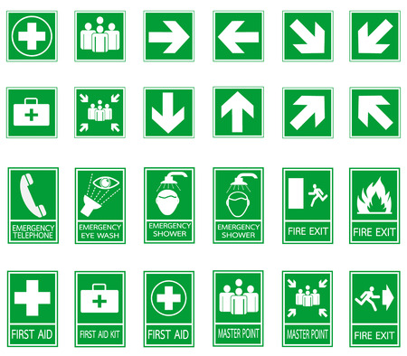 Green safety sign. Vector emergency exit signs set on green backgroundのイラスト素材