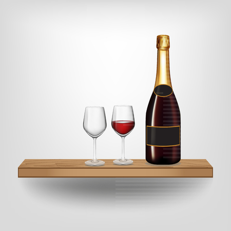 Red wine bottle and glass on wood shelf on white background, Vector illustrationのイラスト素材