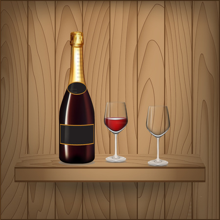 Wine bottle and glass on wood shelf, Vector illustrationのイラスト素材