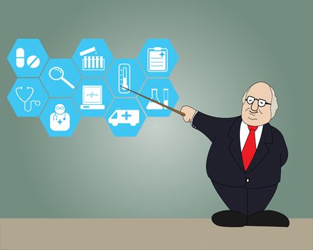 A Old Man wearing suit presentation with  Medical and health icon set,Vector illustrationのイラスト素材