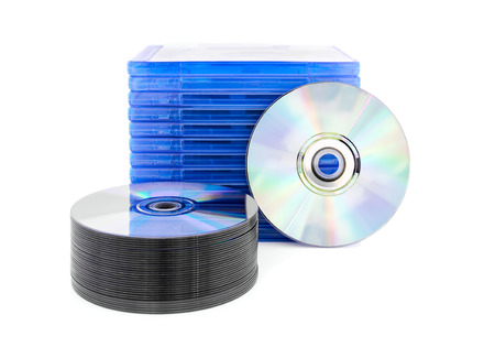 DVD box with disc on white backgroundの写真素材