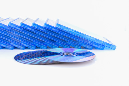 DVD box with disc on white backgroundの写真素材