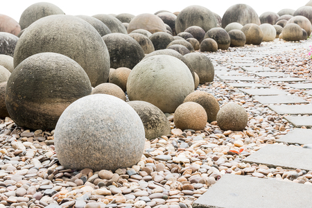 Stone sphere in the stone garden with footpath, Zen stone in a Japanese gardenの写真素材