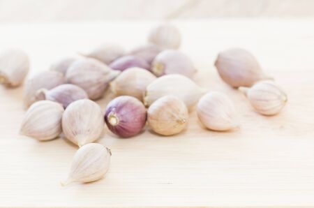 Close up Garlic on wood table from aboveの写真素材