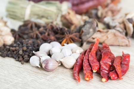 Asian food recipes with ingredients on wood table, healthy cooking conceptの写真素材