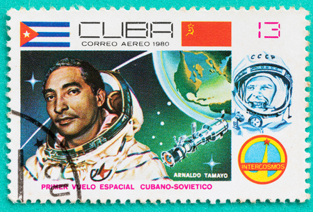 SARABURI, THAILAND-JUNE 04,2017: Used Postage stamps with printed in the Cuba shows cosmonaut Arnaldo Tamayo Mendez, circa 1980のeditorial素材