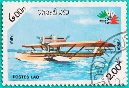 SARABURI, THAILAND-JUNE 04,2017: Used Postage stamps with printed in laos shows plane, circa 1983のeditorial素材