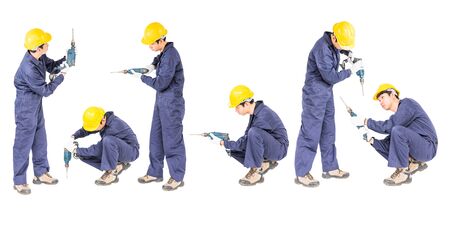 Set of Young handyman in unifrom standing with his electric drill Cutout isolated on white backgroundの写真素材