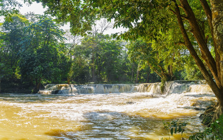 Water falls in tropical rainforest with tree.  Namtok chet saonoi National Park in Thailandの写真素材