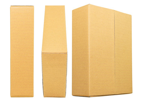 Mockup for design. Closed Brown cardboard box isolated on white backgroundの写真素材