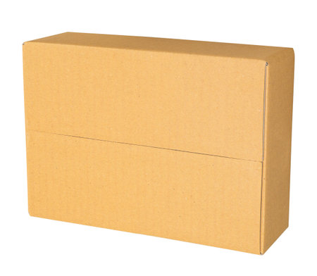 Mockup for design. Closed Brown cardboard box isolated on white backgroundの写真素材