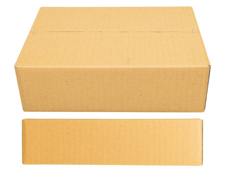 Mockup for design. Closed Brown cardboard box isolated on white backgroundの写真素材