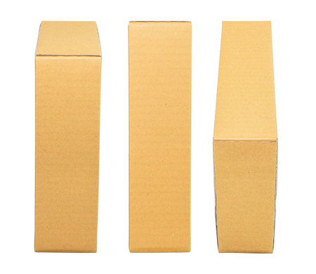 Mockup for design. Closed Brown cardboard box isolated on white backgroundの写真素材