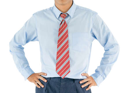 Man wear long sleeve shirt standing with akimbo studio shot isolated on white backgroundの写真素材