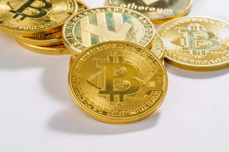 Bitcoin cryptocurrency digital bit coin BTC currency concept ,Golden coins with bitcoin and...