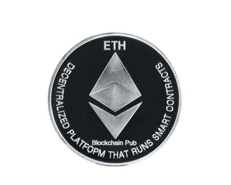 Close up silver ethereum symbol isolated on white background