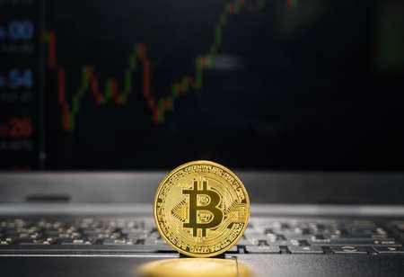 Bitcoin coin on keyboard computer.Close up of  Bitcoin crypto currency coin with trading exchange...