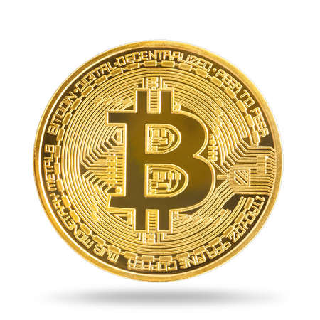 Close up golden bitcoin coin isolated on white backgroundの写真素材