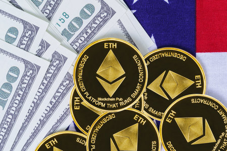 Crypto currency concept. Gold Ethereum coin and banknote on flag of United States of America USAの写真素材