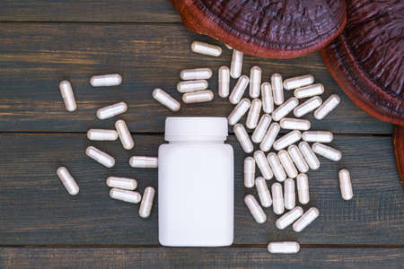 Close up of Ling zhi mushroom, Ganoderma lucidum mushroom and capsule with white bottle mockup on...