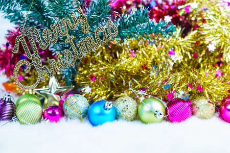 Merry Christmas composition with decorations on white backgroundの写真素材