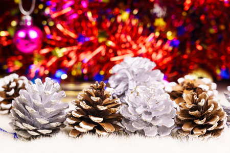 Merry Christmas and happy new year concept, christmas decoration ornament winter with pine conesの写真素材