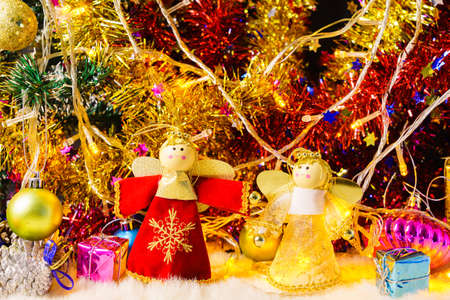 Close up Christmas ornaments and decorations with lightsの写真素材
