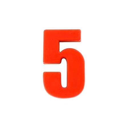Shot of a number five made of red plastic ,Red educational number block five isolated on white...