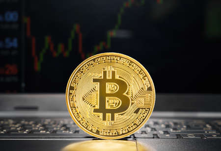 Bitcoin coin on keyboard computer. Close up of  Bitcoin crypto currency coin with trading exchange...