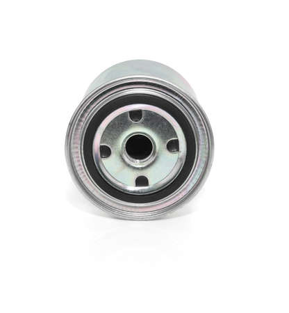 Close up new oil filter engine car on white background in studioの写真素材