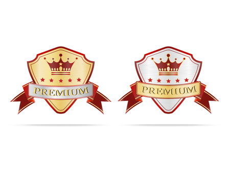 Luxury gold and silver quality shields label on white backgroundのイラスト素材