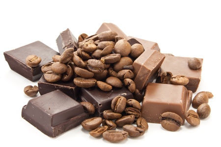 Picture of coffe beans and chocolate on a white backgroundの写真素材