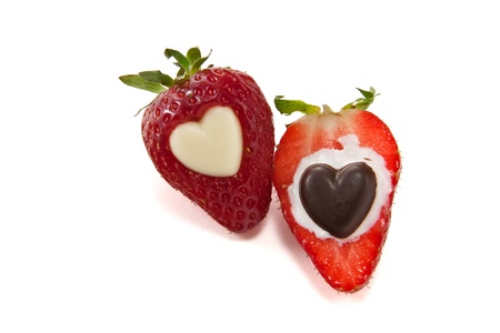 Picture of one and a half strawberry with chocolate heartsの写真素材