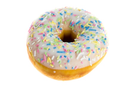 Picture of a donut with white frosting on a white backgroundの写真素材