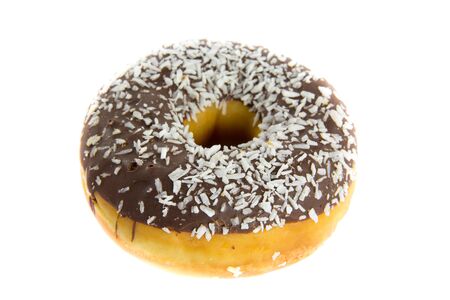 Close up picture of a chocolate donut on a white backgroundの写真素材