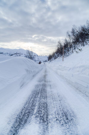 Picture of a road with a lot of snowの写真素材