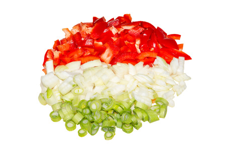 Picture of chopped paprika, onions, and spring onionsの写真素材