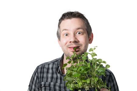 Picture of a man that is eating a green plantの写真素材