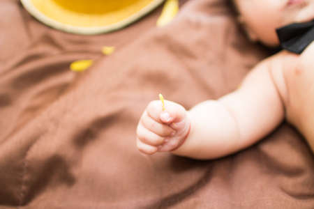hand of a young child with flower petals on a brown blanketの写真素材