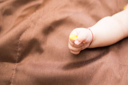 hand of a young child with flower petals on a brown blanketの写真素材
