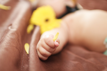 little boy lying on the bed in the diaper and holding a flower petalの写真素材